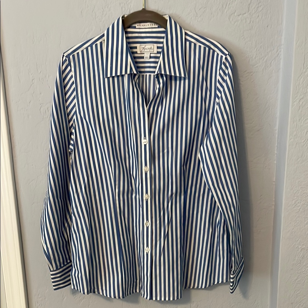 Foxcroft Blue and White Striped Button Down Shirt